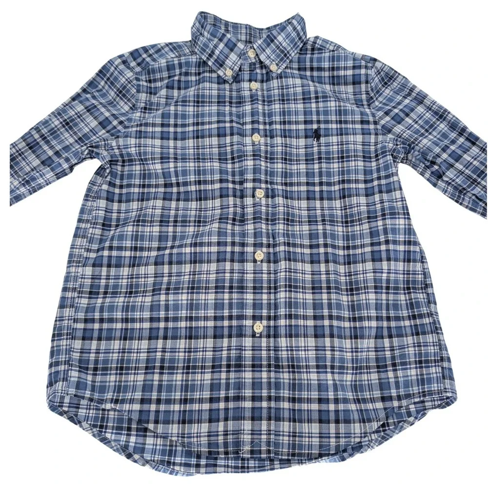 Ralph Lauren Button Down Shirt Kids 6 Blue Plaid Cotton Long‎ Sleeve Preppy